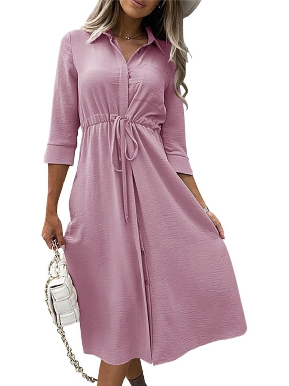 Collared Drawstring Waist Midi Dress Small